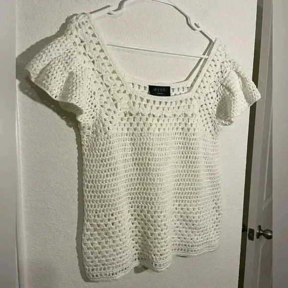 WYSE London White Open Crochet Short Sleeve Square Neck Blouse Top Size Small - Picture 2 of 8